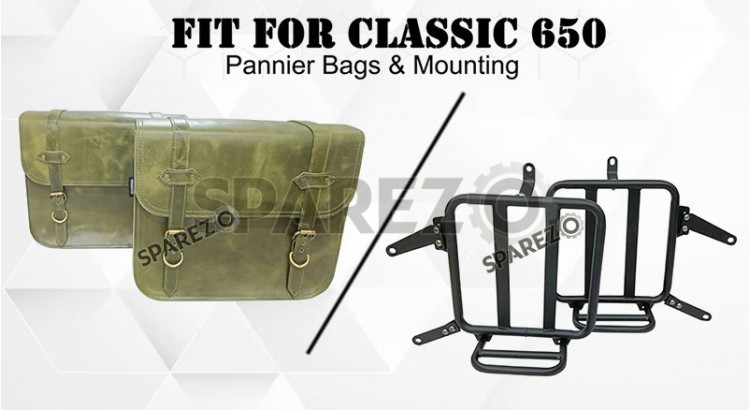 For Royal Enfield Classic 650 Genuine Leather Pannier Bags Green Color With Mounting - SPAREZO